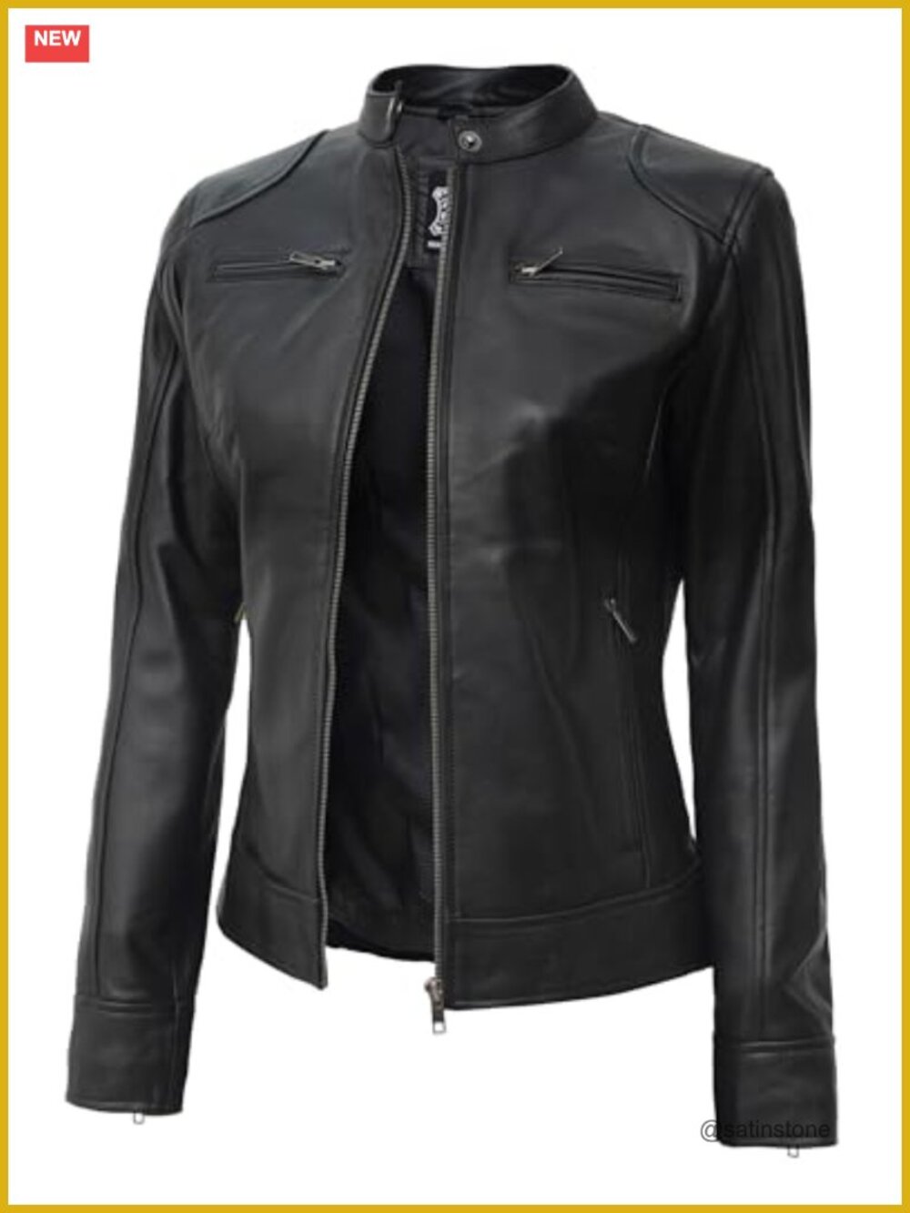 Women's Real Lambskin Leather Cafe Racer Jacket with Snap Tab Collar